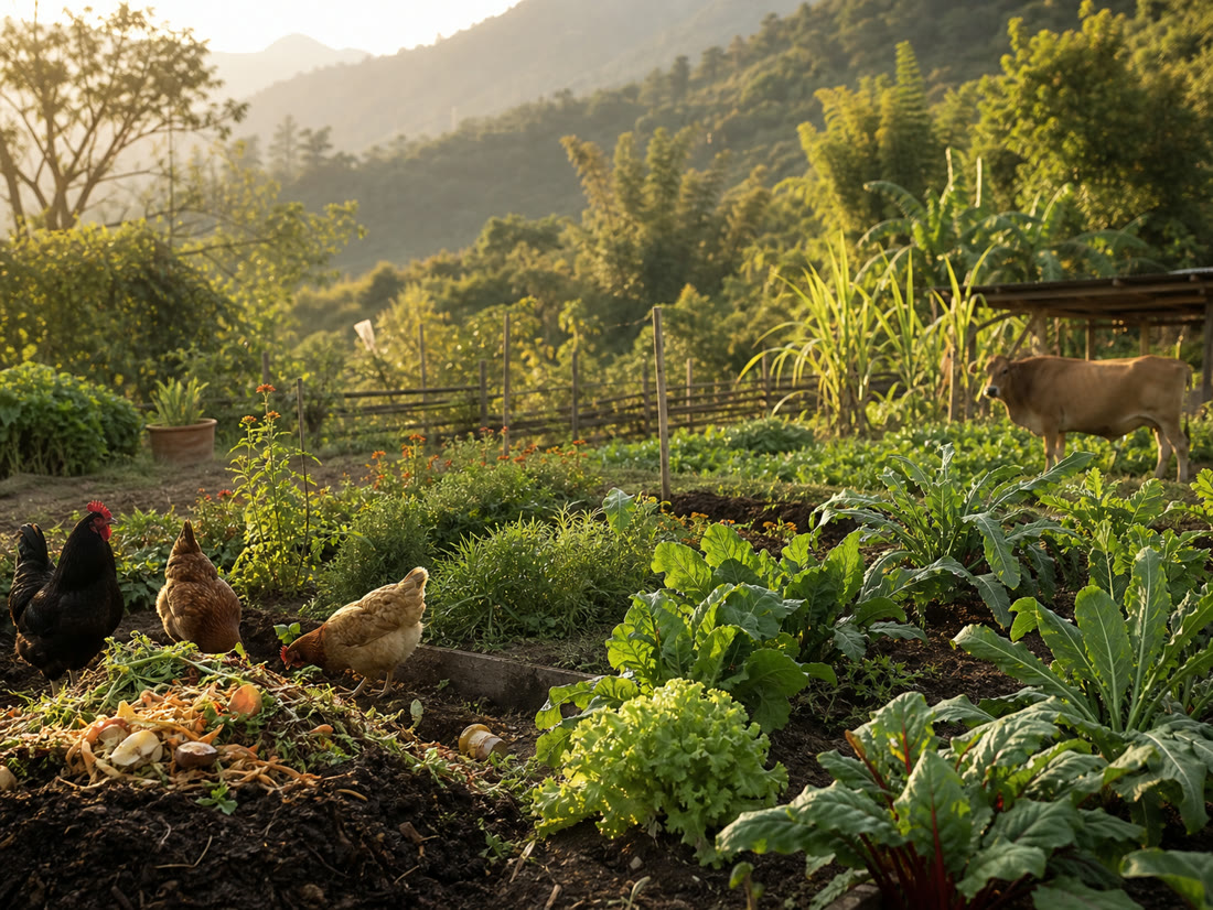 Regenerative farm beds with chickens, livestock, compost, and hillside vegetation