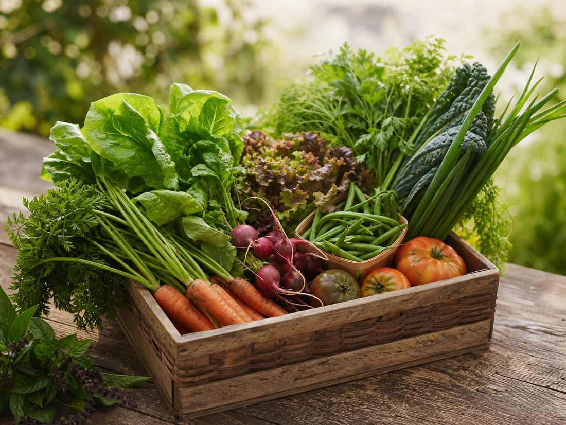 A weekly Bhoomi Organics vegetable basket with fresh seasonal produce